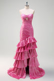 Sparkly Fuchsia Mermaid Strapless Beaded Ruched Ruffles Long Formal Dress with Slit