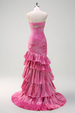 Sparkly Fuchsia Mermaid Strapless Beaded Ruched Ruffles Long Formal Dress with Slit