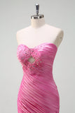 Sparkly Fuchsia Mermaid Strapless Beaded Ruched Ruffles Long Formal Dress with Slit