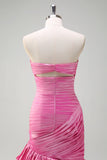 Sparkly Fuchsia Mermaid Strapless Beaded Ruched Ruffles Long Formal Dress with Slit