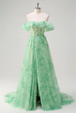 Floral A Line Off The Shoulder Corset Long Green Formal Dress