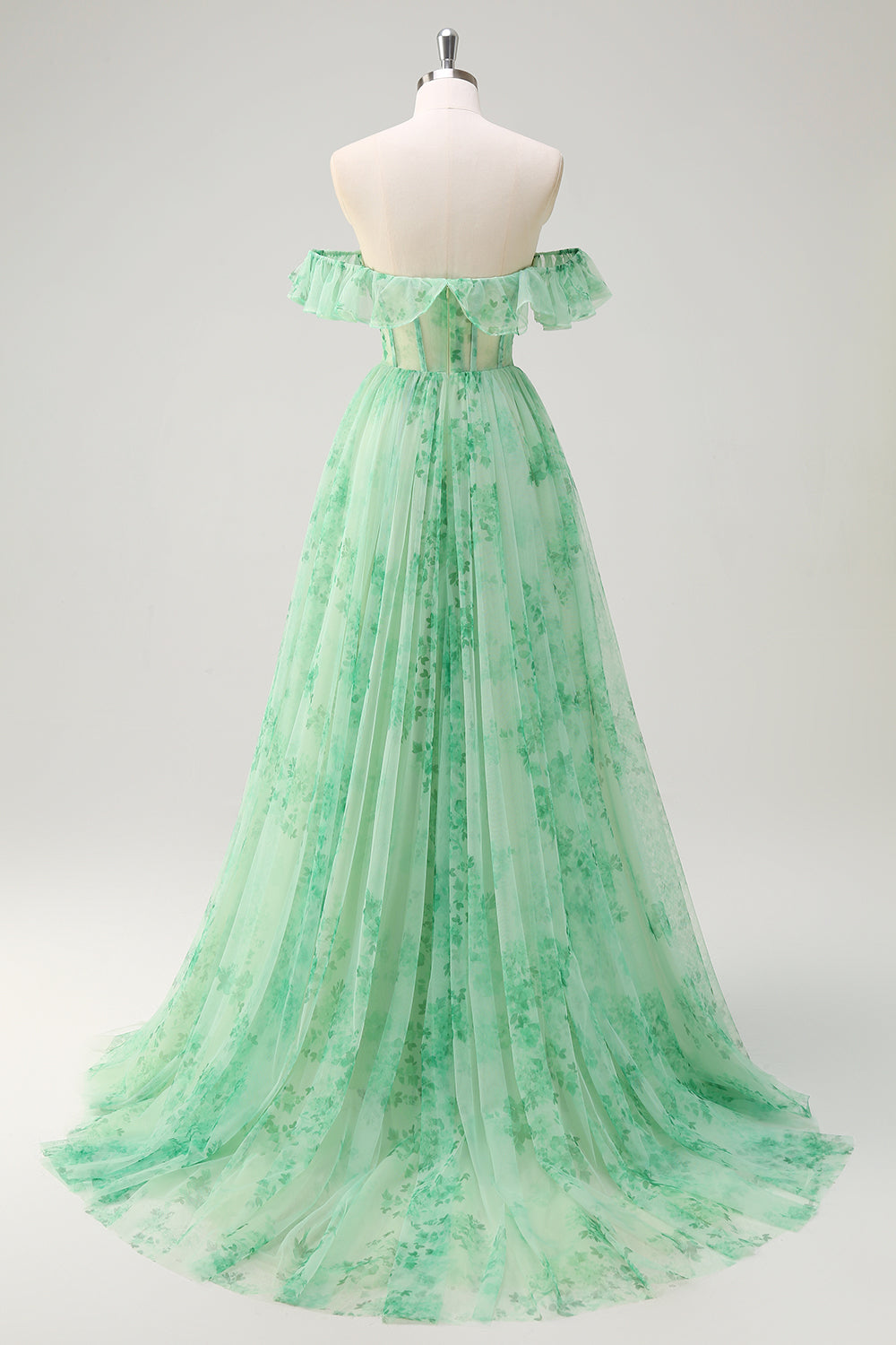 Green A Line Off The Shoulder Corset Ruffled Print Long Formal Dress with Slit