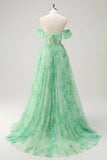 Green A Line Off The Shoulder Corset Ruffled Print Long Formal Dress with Slit