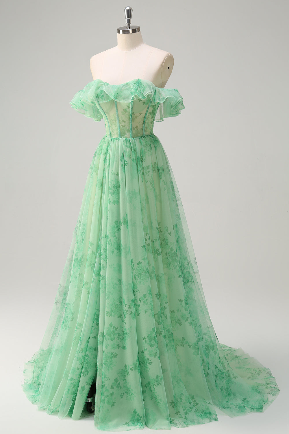 Green A Line Off The Shoulder Corset Ruffled Print Long Formal Dress with Slit
