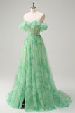 Green A Line Off The Shoulder Corset Ruffled Print Long Formal Dress with Slit