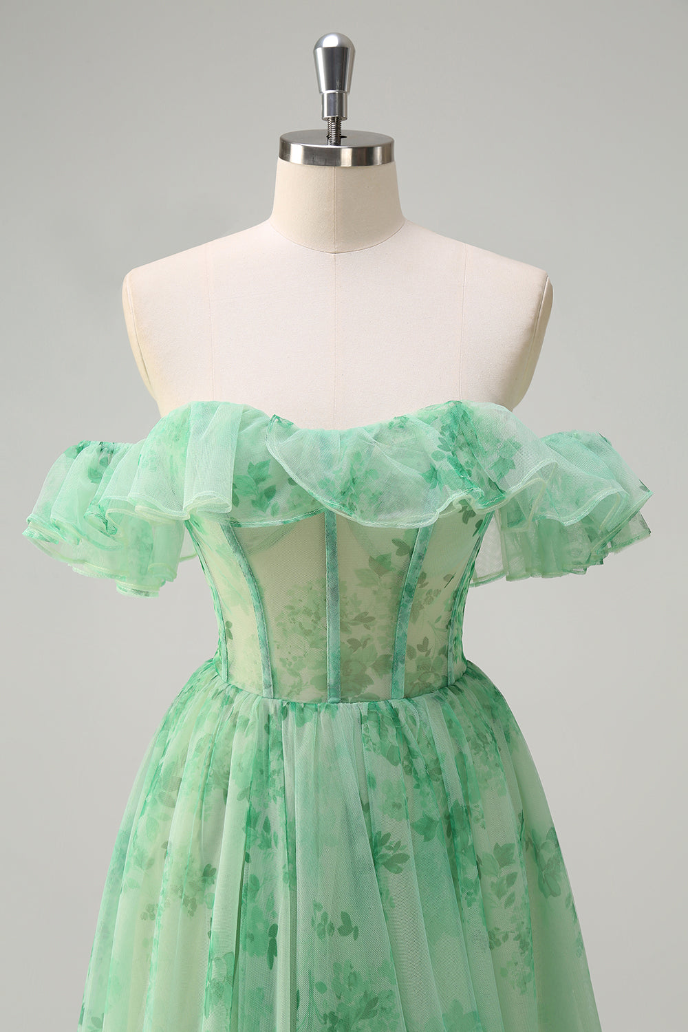 Green A Line Off The Shoulder Corset Ruffled Print Long Formal Dress with Slit