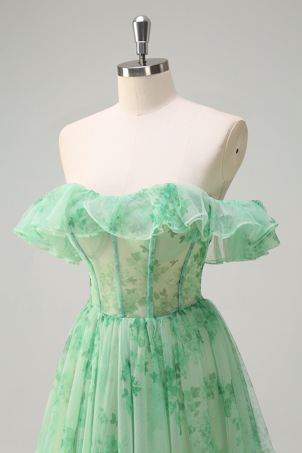 Green A Line Off The Shoulder Corset Ruffled Print Long Formal Dress with Slit