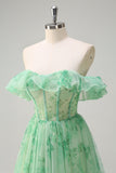 Green A Line Off The Shoulder Corset Ruffled Print Long Formal Dress with Slit