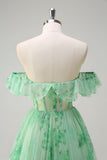 Green A Line Off The Shoulder Corset Ruffled Print Long Formal Dress with Slit