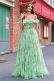 Floral A Line Off The Shoulder Corset Long Green Formal Dress