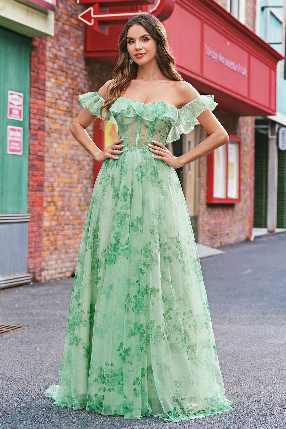 Floral A Line Off The Shoulder Corset Long Green Formal Dress