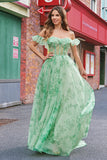 Floral A Line Off The Shoulder Corset Long Green Formal Dress