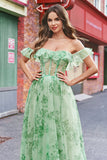 Floral A Line Off The Shoulder Corset Long Green Formal Dress
