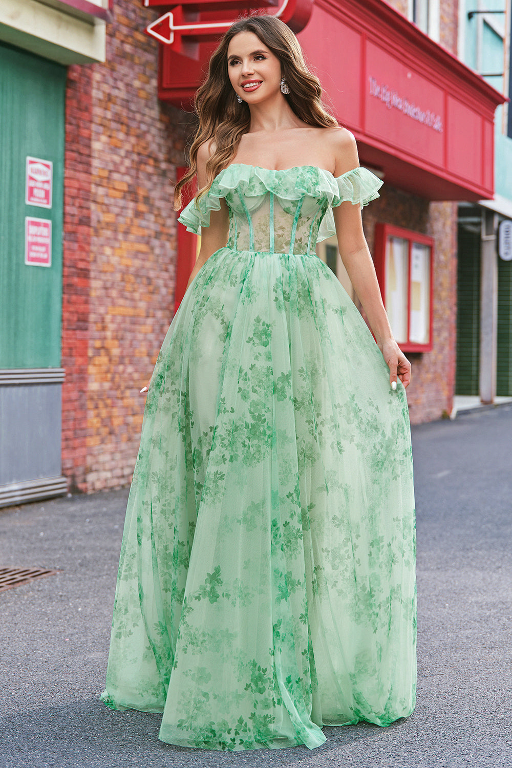 Floral A Line Off The Shoulder Corset Long Green Formal Dress