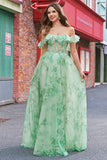 Floral A Line Off The Shoulder Corset Long Green Formal Dress