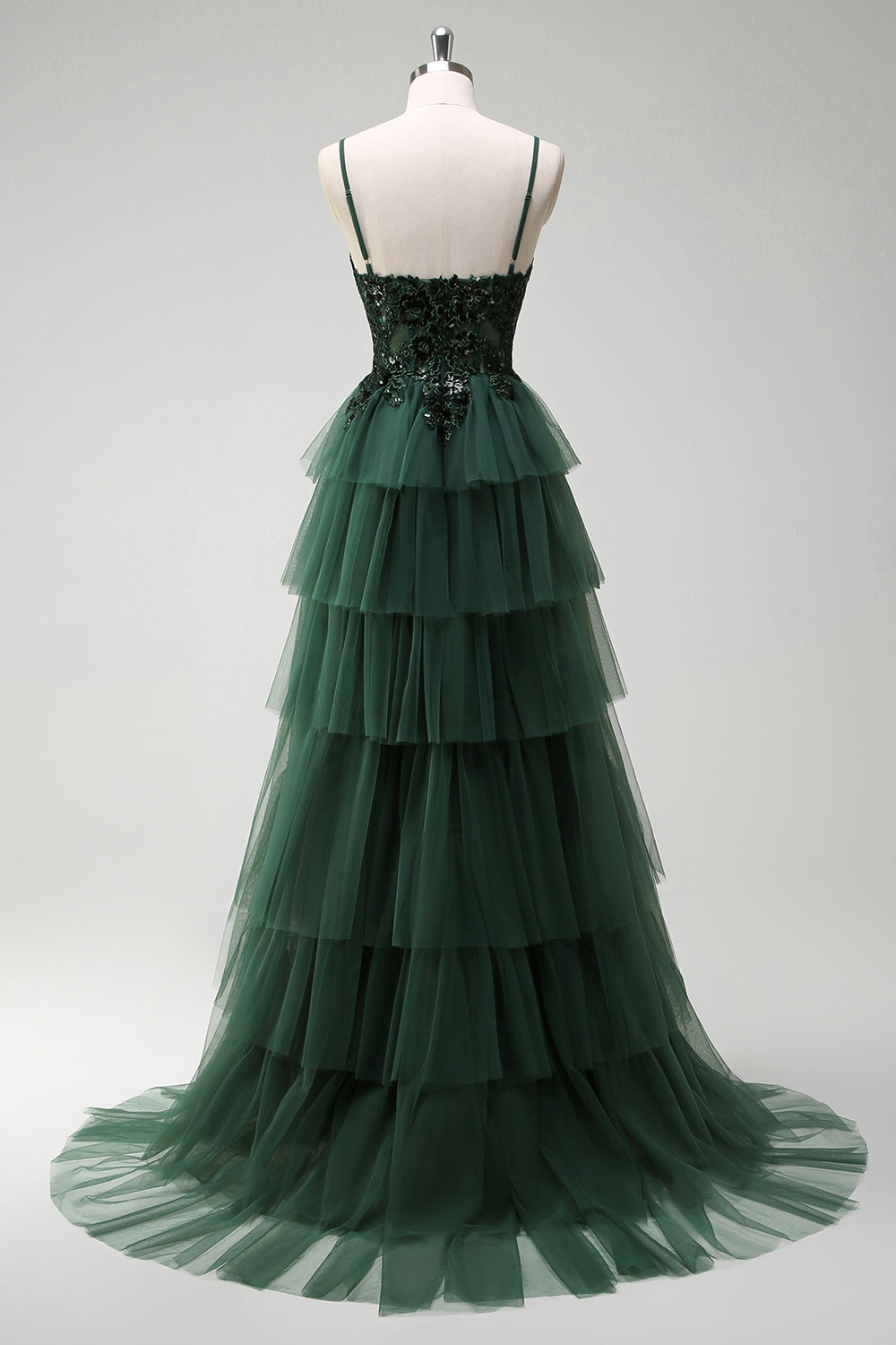 Sparkly Dark Green A-Line Corset Ruffles Appliqued Long Formal Dress with Slit