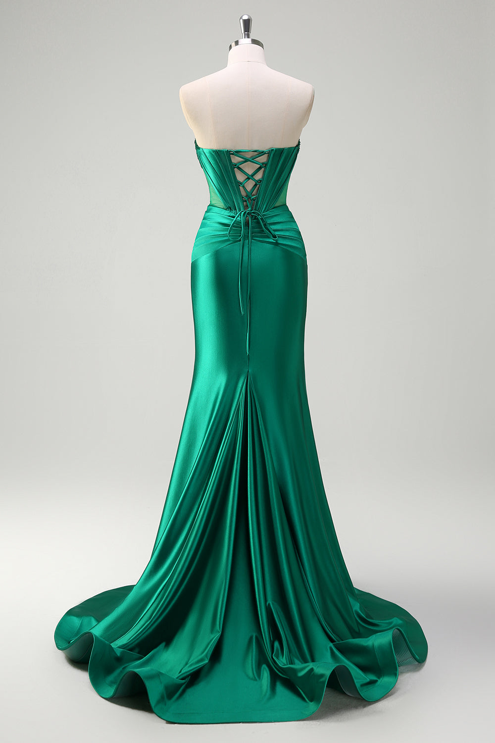 Sparkly Dark Green Mermaid Strapless Beaded Corset Ruched Satin Formal Dress with Slit