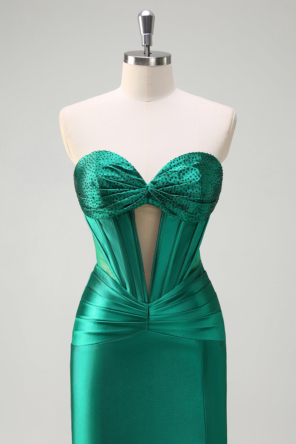 Sparkly Dark Green Mermaid Strapless Beaded Corset Ruched Satin Formal Dress with Slit
