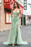 Mermaid Green Corset Spaghetti Straps Long Formal Dress with 3D Flowers
