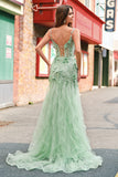 Mermaid Green Corset Spaghetti Straps Long Formal Dress with 3D Flowers