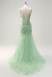 Green Mermaid Spaghetti Straps 3D Flowers Long Formal Dress with Slit