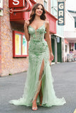 Mermaid Green Corset Spaghetti Straps Long Formal Dress with 3D Flowers