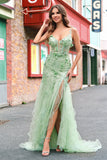 Mermaid Green Corset Spaghetti Straps Long Formal Dress with 3D Flowers
