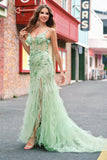 Mermaid Green Corset Spaghetti Straps Long Formal Dress with 3D Flowers