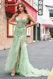 Mermaid Green Corset Spaghetti Straps Long Formal Dress with 3D Flowers