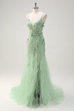 Green Mermaid Spaghetti Straps 3D Flowers Long Formal Dress with Slit