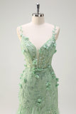 Green Mermaid Spaghetti Straps 3D Flowers Long Formal Dress with Slit