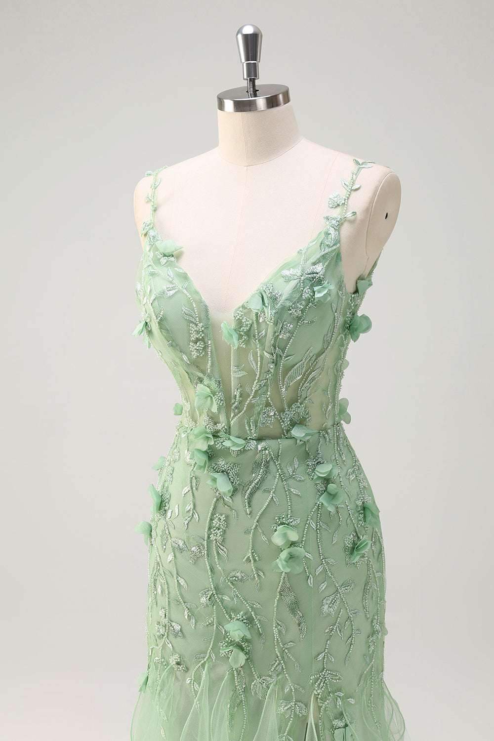 Green Mermaid Spaghetti Straps 3D Flowers Long Formal Dress with Slit