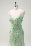 Green Mermaid Spaghetti Straps 3D Flowers Long Formal Dress with Slit