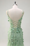 Green Mermaid Spaghetti Straps 3D Flowers Long Formal Dress with Slit