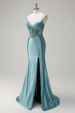 Sparkly Grey Green Mermaid Spaghetti Straps Corset Long Formal Dress with Slit