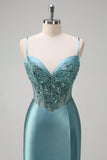 Sparkly Grey Green Mermaid Spaghetti Straps Corset Long Formal Dress with Slit
