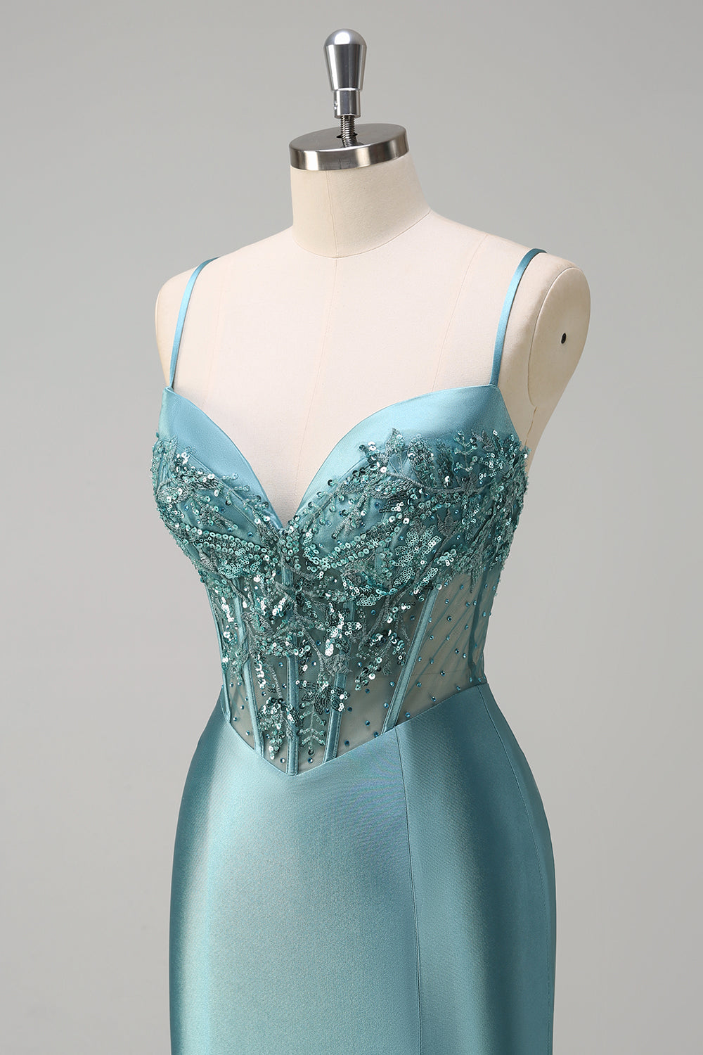 Sparkly Grey Green Mermaid Spaghetti Straps Corset Long Formal Dress with Slit