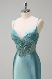 Sparkly Grey Green Mermaid Spaghetti Straps Corset Long Formal Dress with Slit