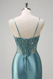 Sparkly Grey Green Mermaid Spaghetti Straps Corset Long Formal Dress with Slit