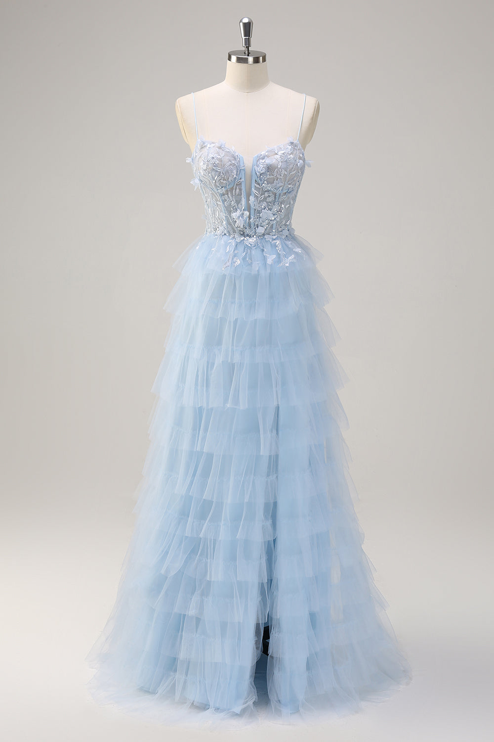 Light Blue Spaghetti Straps A-Line Tulle Tiered Long Corset Formal Dress with Slit