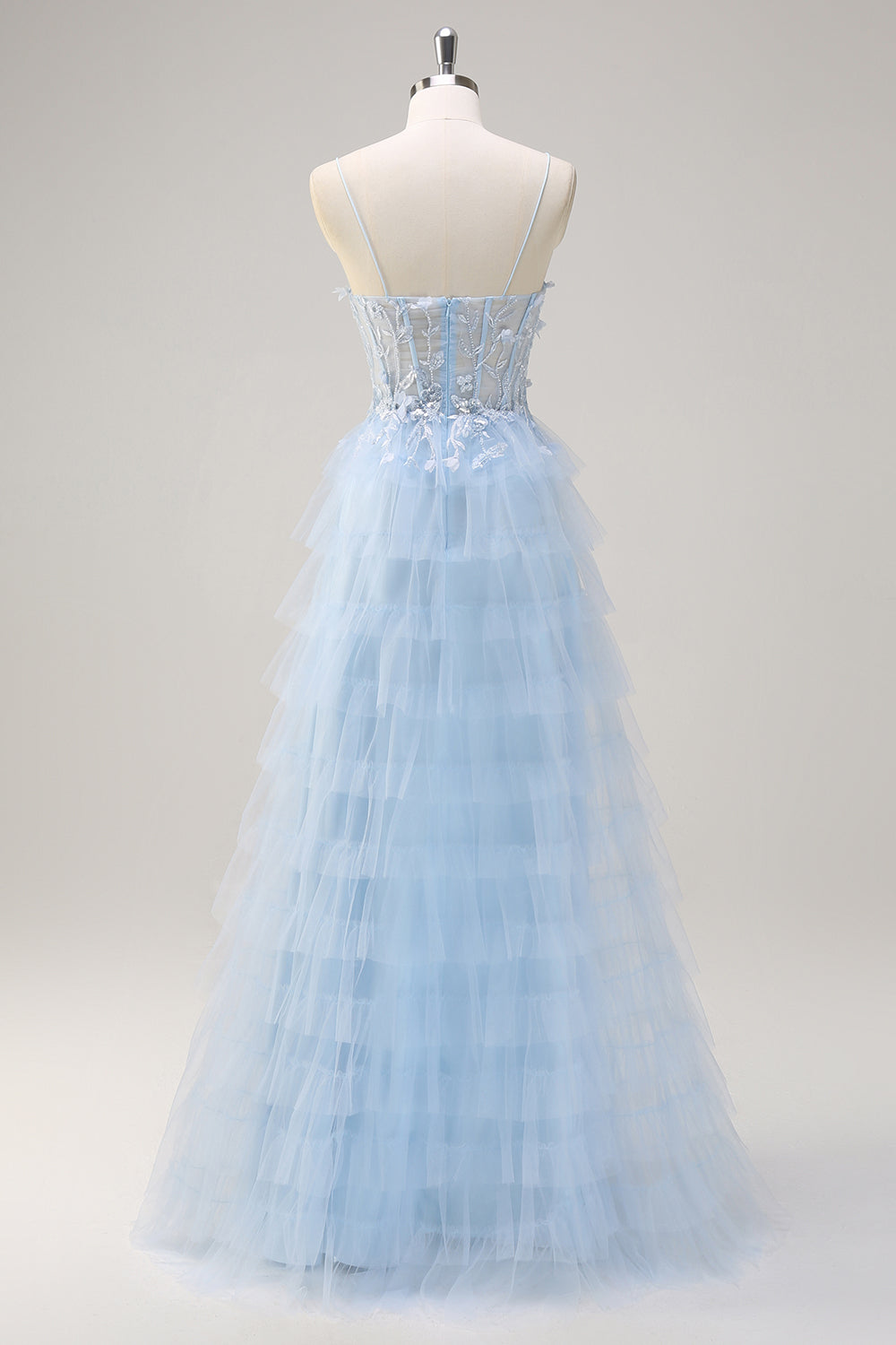 Light Blue Spaghetti Straps A-Line Tulle Tiered Long Corset Formal Dress with Slit