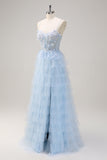 Light Blue Spaghetti Straps A-Line Tulle Tiered Long Corset Formal Dress with Slit