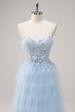 Light Blue Spaghetti Straps A-Line Tulle Tiered Long Corset Formal Dress with Slit