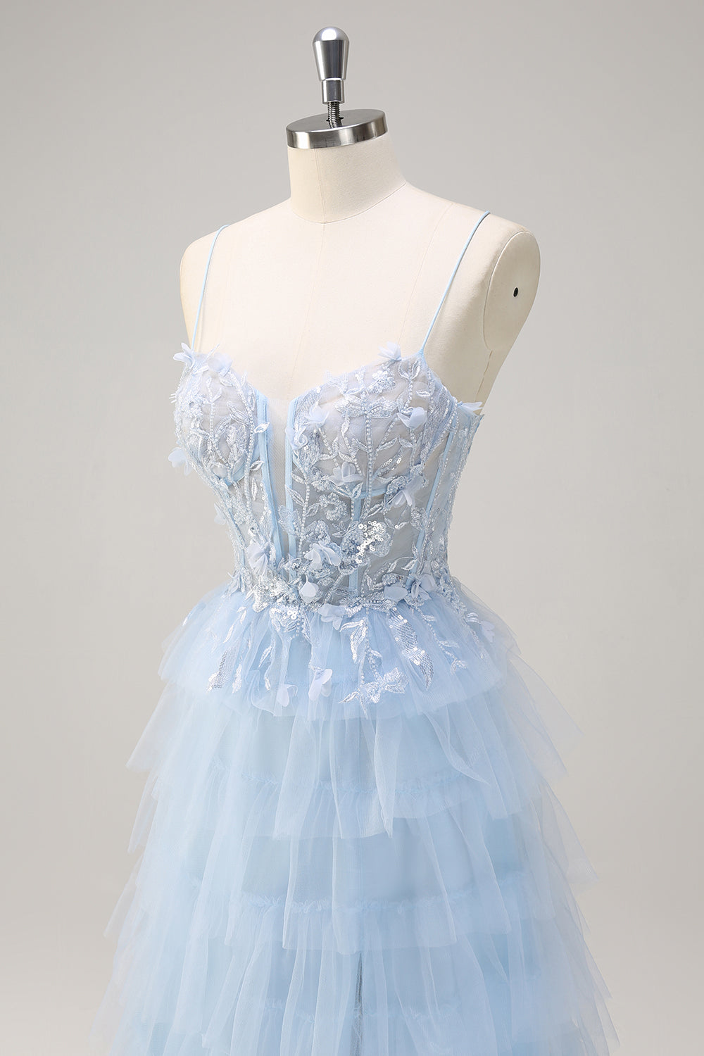 Light Blue Spaghetti Straps A-Line Tulle Tiered Long Corset Formal Dress with Slit