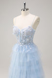 Light Blue Spaghetti Straps A-Line Tulle Tiered Long Corset Formal Dress with Slit