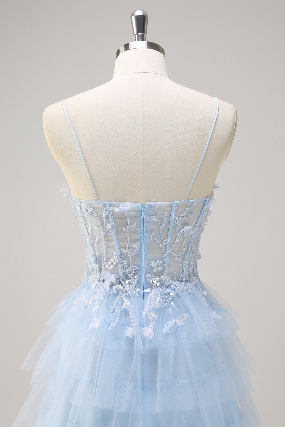 Light Blue Spaghetti Straps A-Line Tulle Tiered Long Corset Formal Dress with Slit