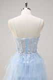 Light Blue Spaghetti Straps A-Line Tulle Tiered Long Corset Formal Dress with Slit