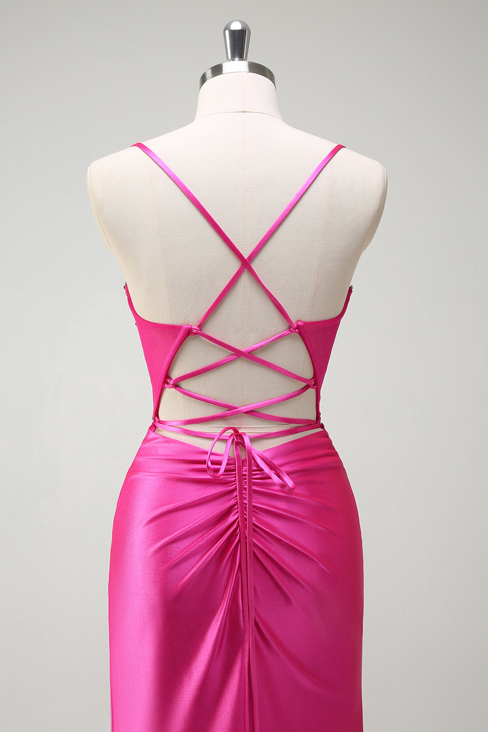 Sparkly Fuchsia Mermaid Spaghetti Straps Beaded Corset Satin Long Formal Dress with Slit