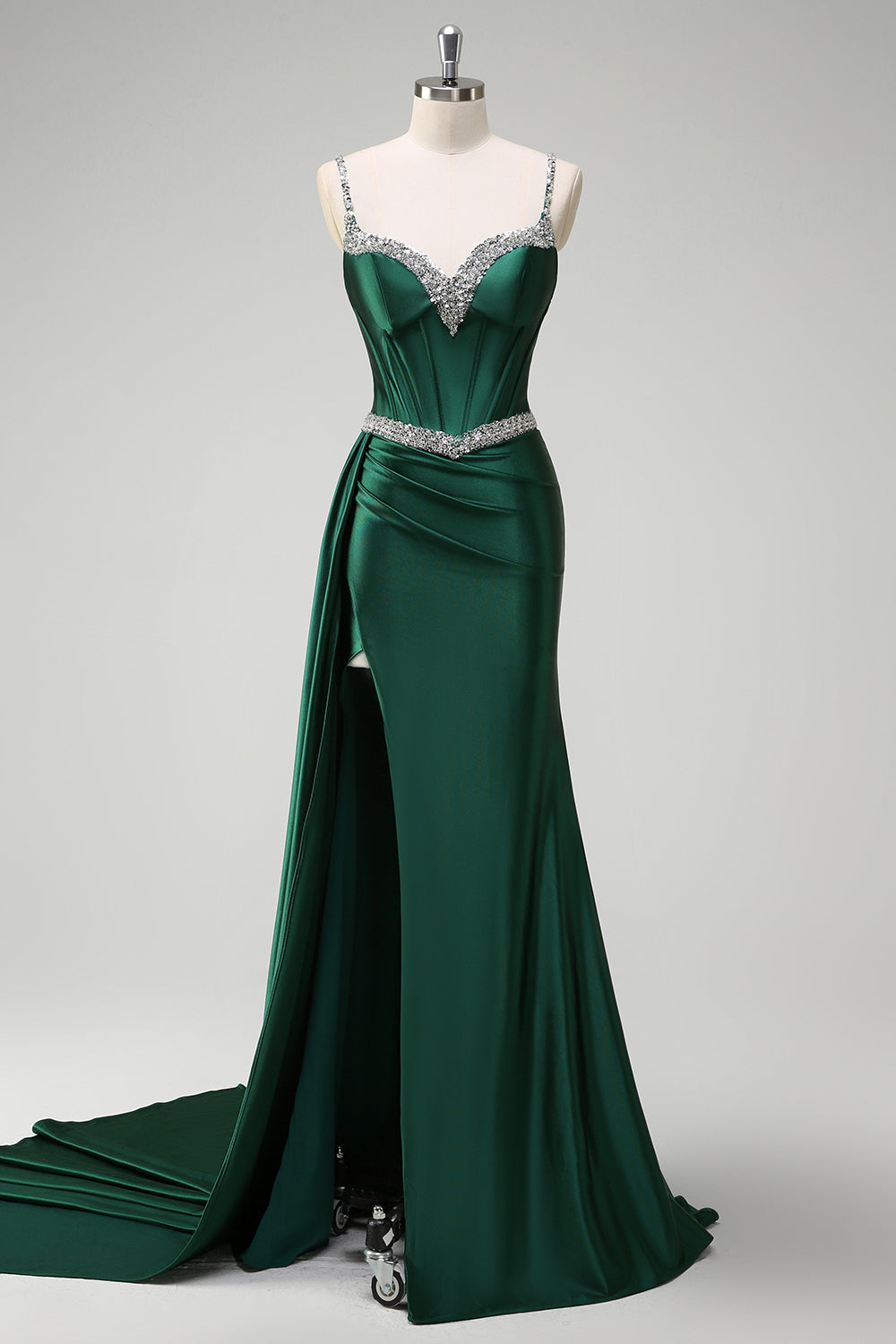 Sparkly Dark Green Mermaid Side Streamer Sequined Corset Satin Formal Dress with Slit