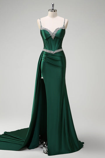 Sparkly Dark Green Mermaid Side Streamer Sequined Corset Satin Formal Dress with Slit